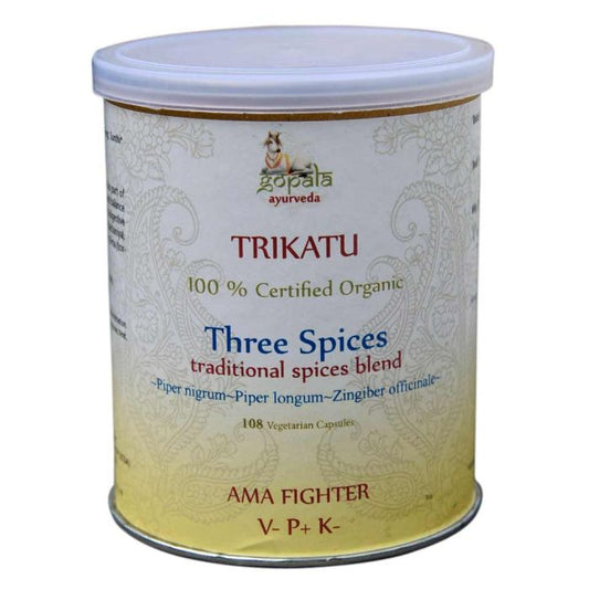 Trikatu 108 kapsulas, trīs garšvielu maisījums gremošanas stimulēšanai